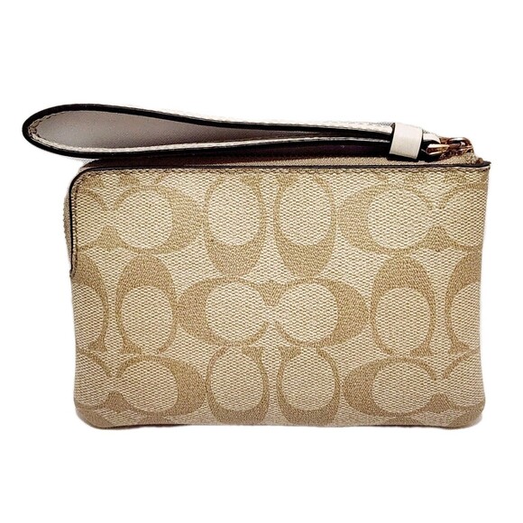 Coach Corner Zip Signature Women's Wallet Khaki Brown Tan Stripe - Picture 7 of 9